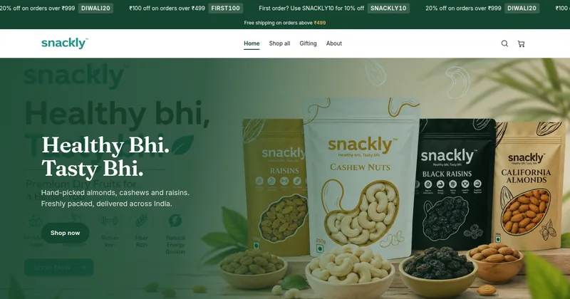 The Snackly storefront at snacklyfoods.in.