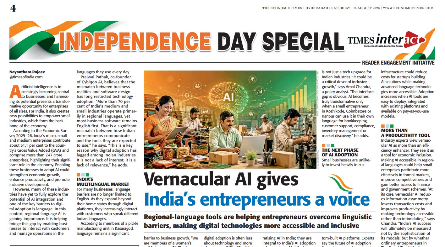 The upper portion of page 4 of The Economic Times, Hyderabad edition, 15 August 2026 — an Independence Day Special spread headlined "Vernacular AI gives India's entrepreneurs a voice".